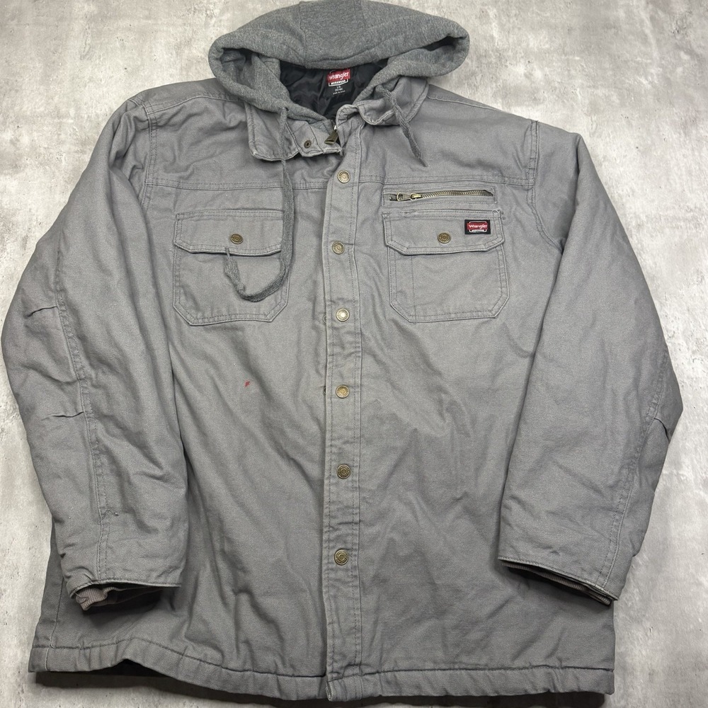 Wrangler Jacket Mens Large Gray Quilted Lined Insulated Warm Work Hooded Zip Up